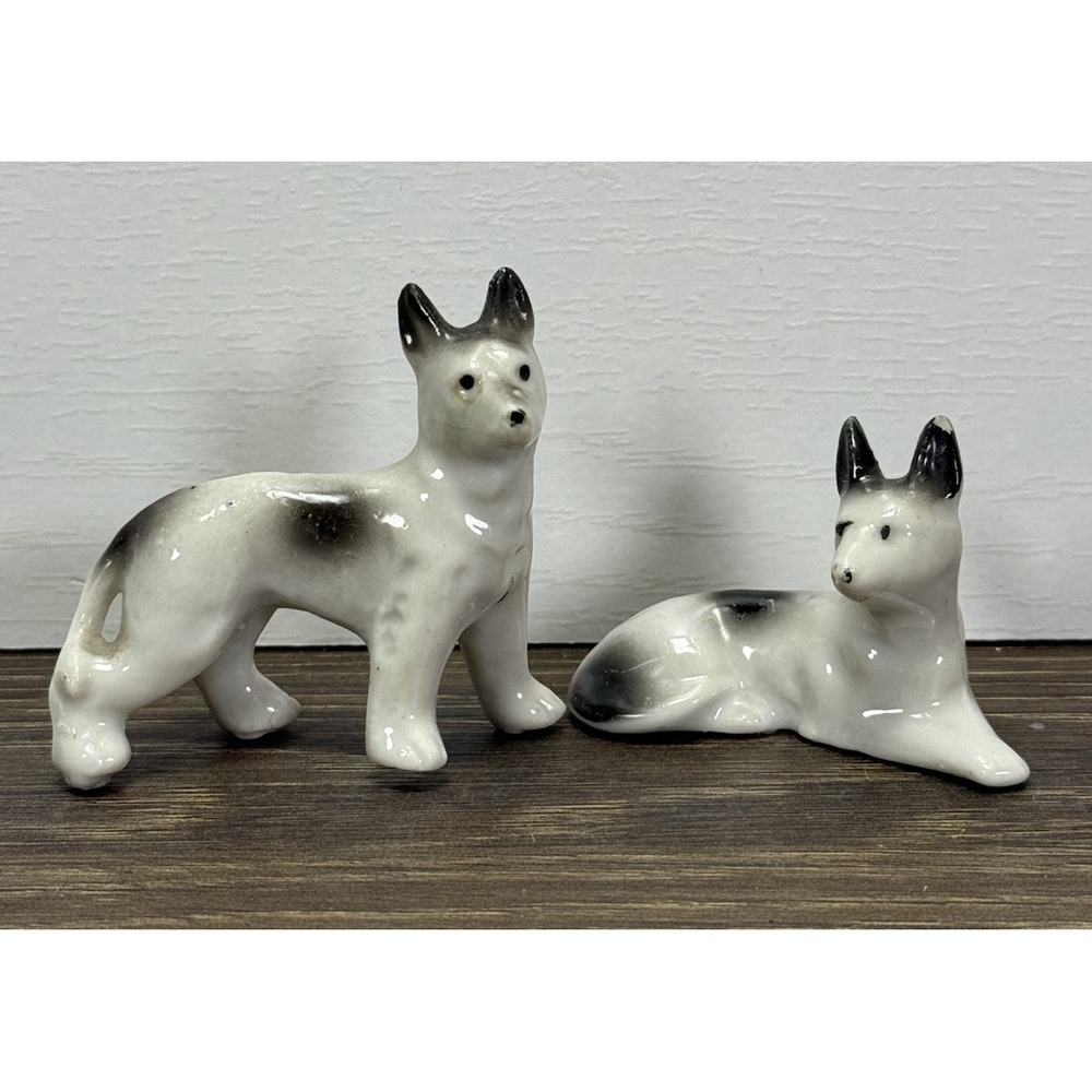 Vintage Japan Porcelain Dog Figurines Pair Spitz Puppy 1950s Set